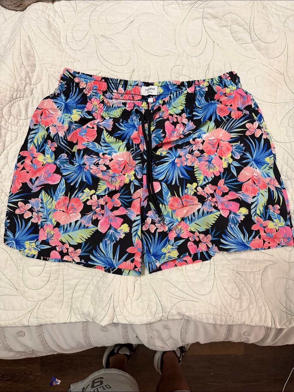 crown & ivy Black Floral Swim Trunks with Pink and Blue